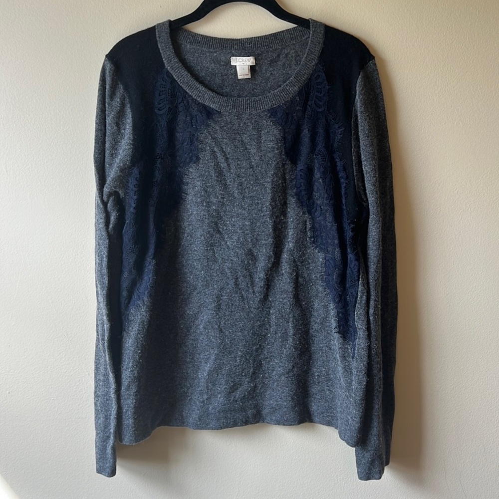 Jcrew Sweater, Gray, navy lace detail, Size L